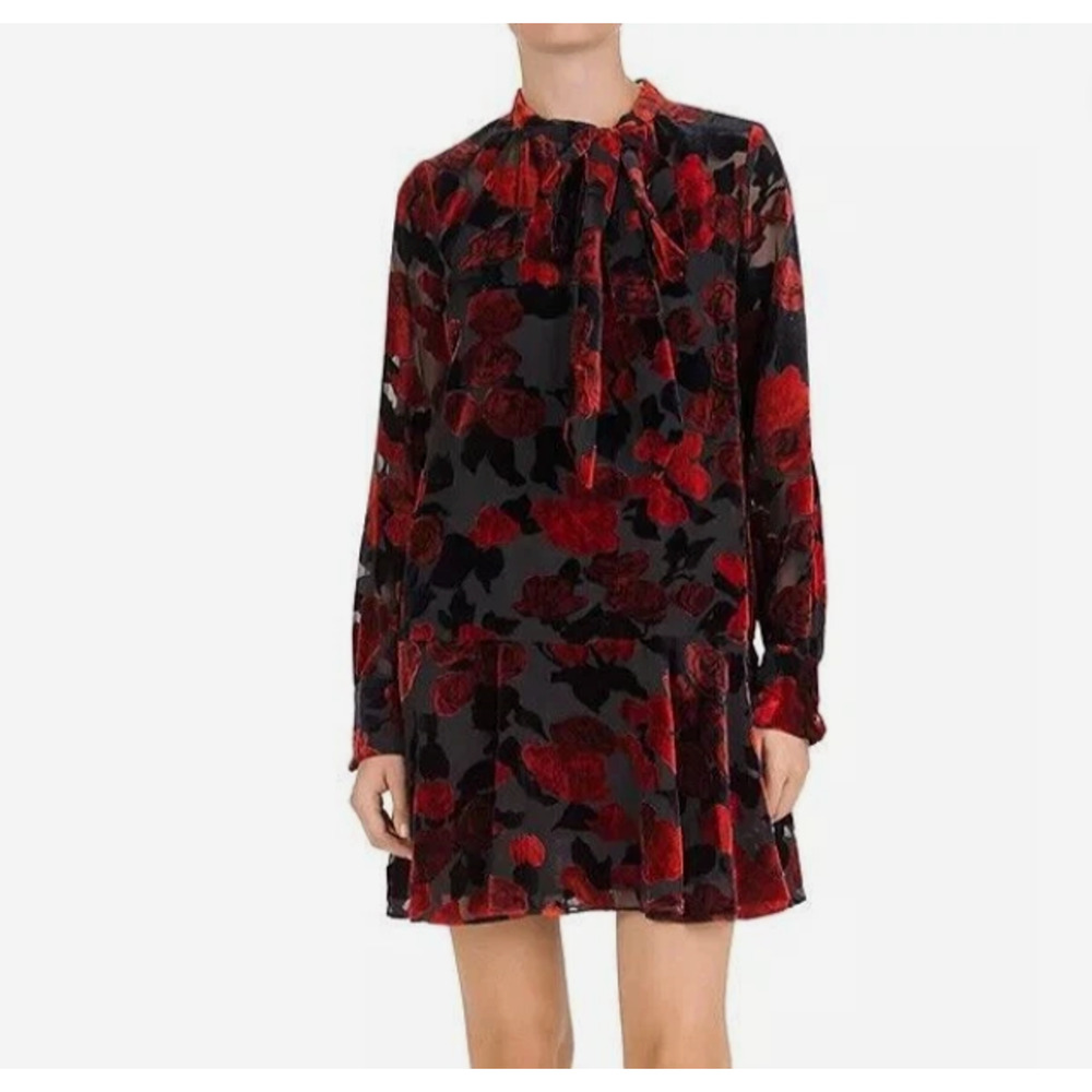 The Kooples size large sheer Painted Roses Burnout Velvet Mini Dress Long Sleeve